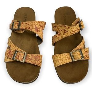 Womens BAERPAW Size 9 Floral Cork Orange Brown Sandals Comfy Slider Slip-On Shoe